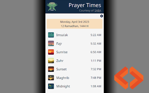 SABA Prayer Times from Chrome web store to be run with OffiDocs Chromium online SABA Prayer Times from Chrome web store to be run with OffiDocs Chromium online