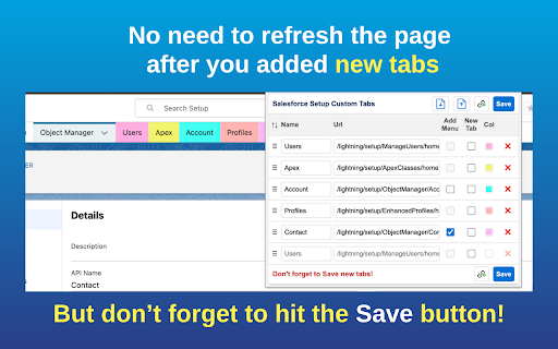 Salesforce Setup Custom Tabs  from Chrome web store to be run with OffiDocs Chromium online