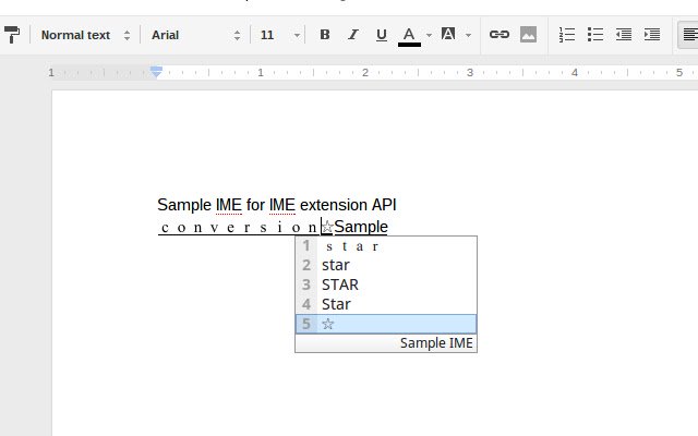 IME di esempio per l'API di estensione IME dal negozio Web di Chrome da eseguire con OffiDocs Chromium online