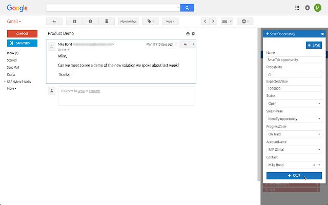 SAP Cloud for Customer for Gmail  from Chrome web store to be run with OffiDocs Chromium online