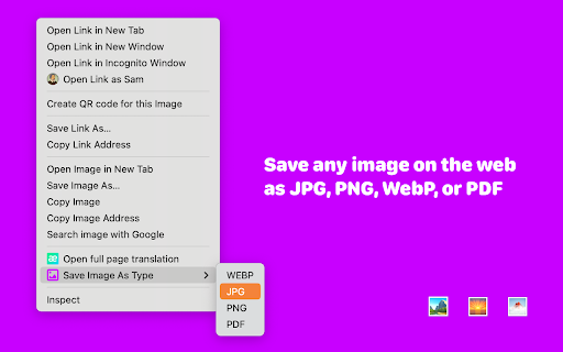 Save Image As JPG, PNG, WebP  from Chrome web store to be run with OffiDocs Chromium online