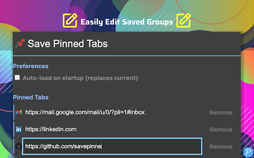 Save Pinned Tabs  from Chrome web store to be run with OffiDocs Chromium online