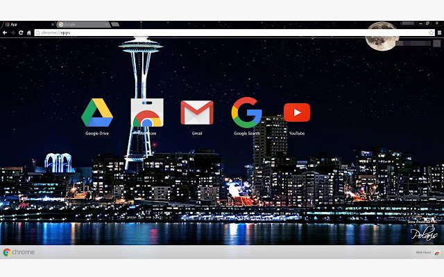 Orizzonte di Seattle. La città nelle luci notturne del negozio web di Chrome verrà gestita con OffiDocs Chromium online