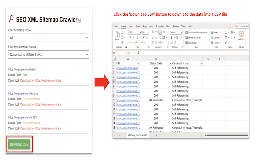 SEO XML Sitemap Crawler (Status Code  Canonical Tag)  from Chrome web store to be run with OffiDocs Chromium online