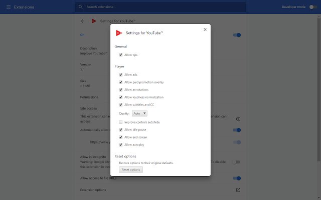 Settings for YouTube™  from Chrome web store to be run with OffiDocs Chromium online