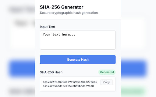 SHA 256 Hash Generator  from Chrome web store to be run with OffiDocs Chromium online