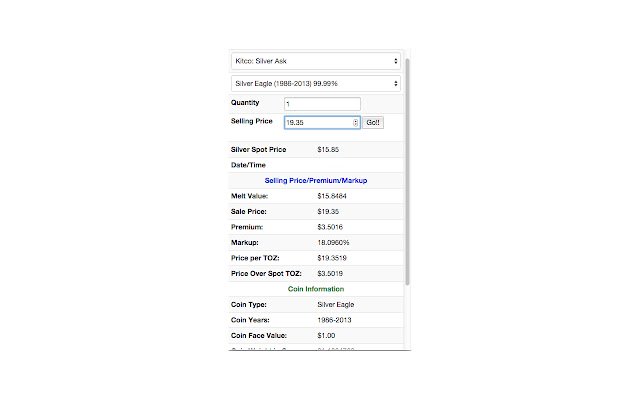 Kalkulator cen spotowych srebrnych i złotych monet ze sklepu internetowego Chrome do uruchomienia z OffiDocs Chromium online
