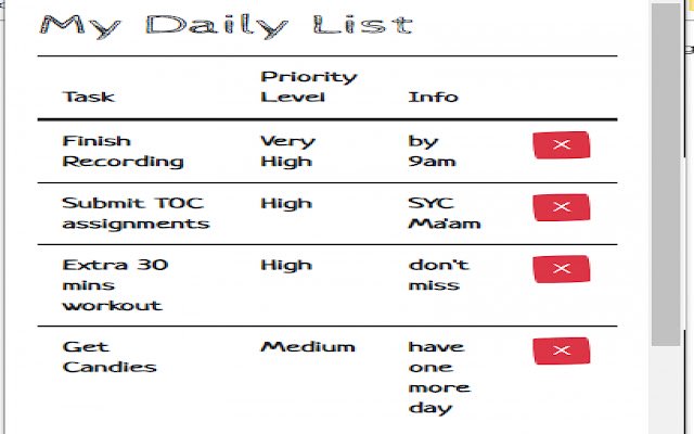 Listă zilnică simplă de activități din magazinul web Chrome care va fi rulată cu OffiDocs Chromium online