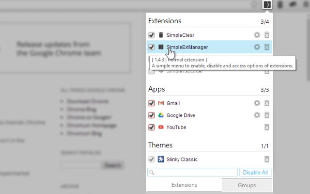 SimpleExtManager de Chrome web store para ejecutarse con OffiDocs Chromium en línea