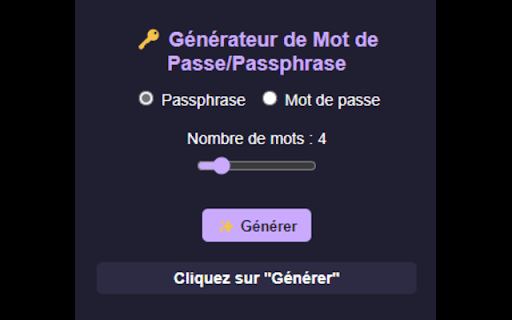 Simple Passphrase/Password Generator from Chrome web store to be run with OffiDocs Chromium online Simple Passphrase/Password Generator from Chrome web store to be run with OffiDocs Chromium online