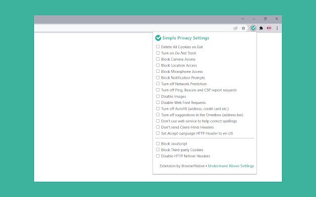 Simple Privacy Settings  from Chrome web store to be run with OffiDocs Chromium online