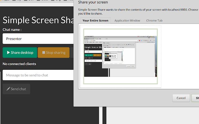 Simple Screen Share  from Chrome web store to be run with OffiDocs Chromium online