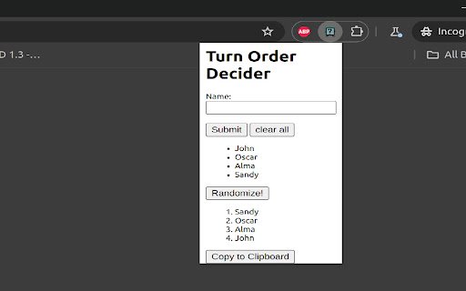 Simple Turn Order Decider  from Chrome web store to be run with OffiDocs Chromium online