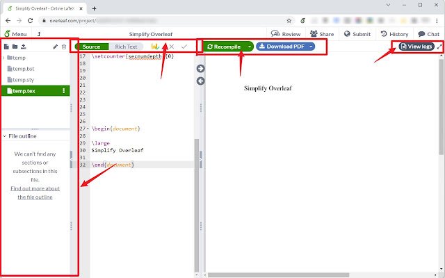 OffiDocs Chromiumオンラインで実行するために、Chrome WebストアからOverleafを簡素化します