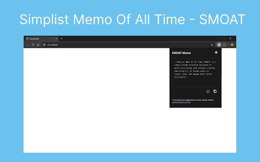 Simplist Memo Of All Time (SMOAT) from Chrome web store to be run with OffiDocs Chromium online Simplist Memo Of All Time (SMOAT) from Chrome web store to be run with OffiDocs Chromium online