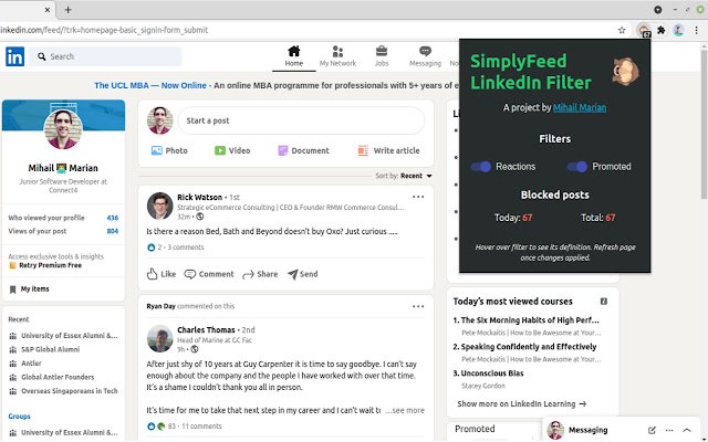 Filtr kanału LinkedIn SimplyFeed ze sklepu internetowego Chrome, który można uruchomić w trybie online za pomocą OffiDocs Chromium