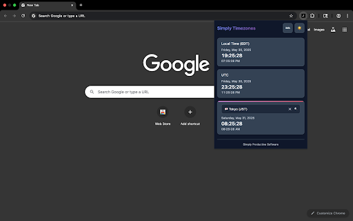 Simply Timezones  from Chrome web store to be run with OffiDocs Chromium online