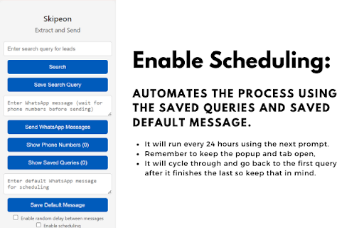 Skipeon WhatsApp Bulk Messenger Data Scraper from Chrome web store to be run with OffiDocs Chromium online Skipeon WhatsApp Bulk Messenger Data Scraper from Chrome web store to be run with OffiDocs Chromium online