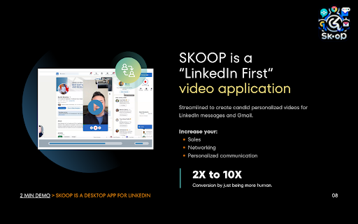 Skoop Instant Video, Content Creation, CRM for LinkedIn  More  from Chrome web store to be run with OffiDocs Chromium online