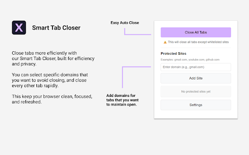 Smart Tab Closer from Chrome web store to be run with OffiDocs Chromium online Smart Tab Closer from Chrome web store to be run with OffiDocs Chromium online