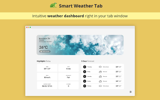 Smart Weather Tab من متجر Chrome الإلكتروني ليتم تشغيله باستخدام OffiDocs Chromium عبر الإنترنت