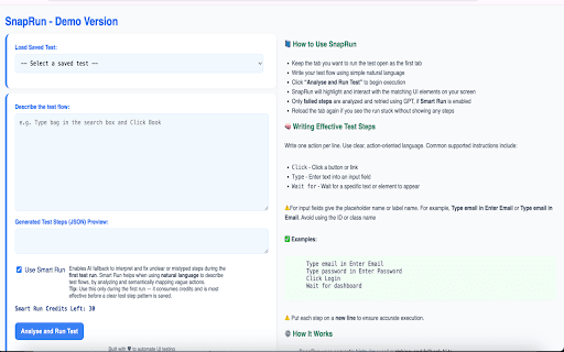 Snap Run Smart UI Test Automator  from Chrome web store to be run with OffiDocs Chromium online