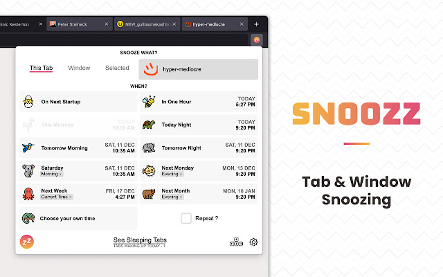 Snoozz Snooze Tabs Windows pour plus tard à partir de la boutique en ligne Chrome à exécuter avec OffiDocs Chromium en ligne