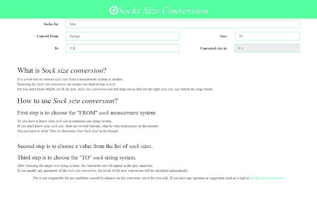 Socks Size Conversion  from Chrome web store to be run with OffiDocs Chromium online