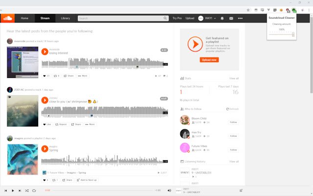 ക്രോം വെബ് സ്റ്റോറിൽ നിന്നുള്ള Soundcloud Cleaner ഓൺലൈനിൽ OffiDocs Chromium ഉപയോഗിച്ച് പ്രവർത്തിക്കും