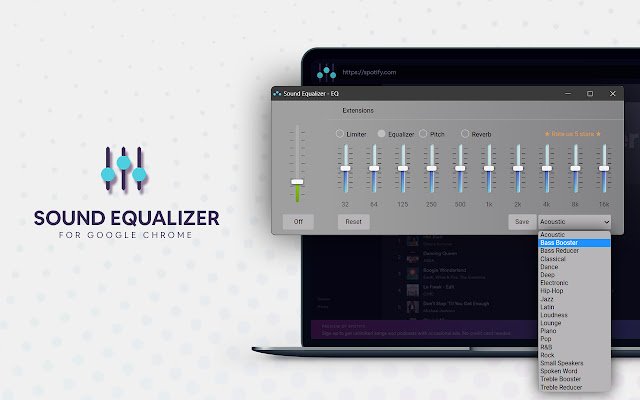 Sound Equalizer with bass booster and genres  from Chrome web store to be run with OffiDocs Chromium online