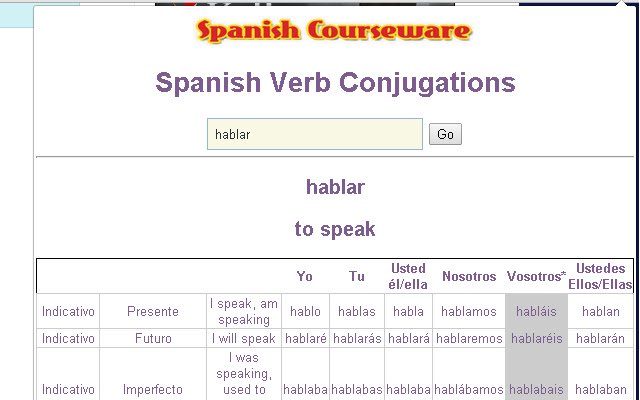 Macchina per la coniugazione dei verbi spagnoli dal negozio web di Chrome da eseguire con OffiDocs Chromium online