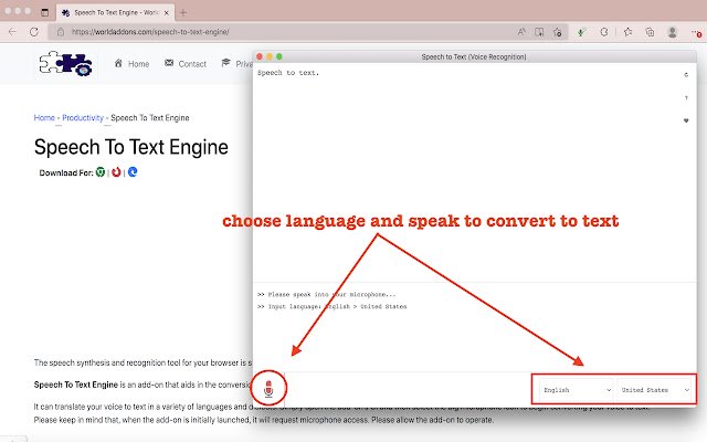 Speech To Text Engine van de Chrome-webwinkel om te worden uitgevoerd met OffiDocs Chromium online