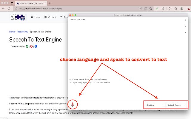Speech To Text Engine  from Chrome web store to be run with OffiDocs Chromium online
