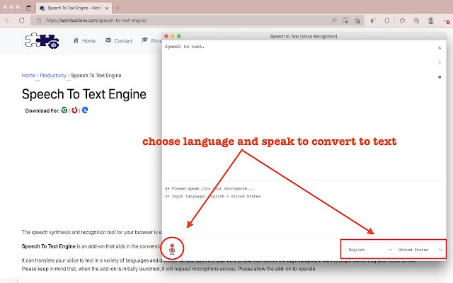 ക്രോം വെബ് സ്റ്റോറിൽ നിന്നുള്ള സ്‌പീച്ച് ടു ടെക്‌സ്‌റ്റ് എഞ്ചിൻ ഓൺ‌ലൈനിൽ OffiDocs Chromium ഉപയോഗിച്ച് പ്രവർത്തിക്കും