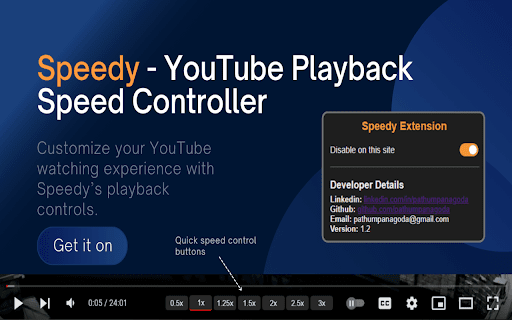 Speedy YouTube Playback Speed Controller  from Chrome web store to be run with OffiDocs Chromium online