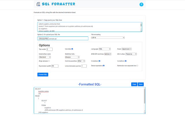 SQL Formatter  from Chrome web store to be run with OffiDocs Chromium online