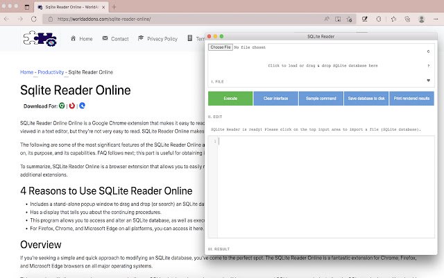 Sqlite Reader Online  from Chrome web store to be run with OffiDocs Chromium online