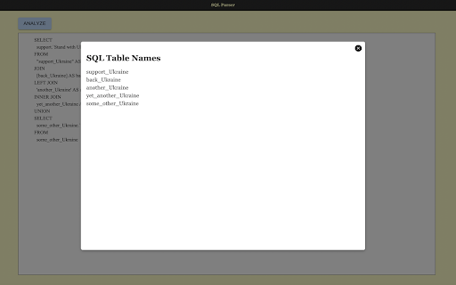 SQL Parser from Chrome web store to be run with OffiDocs Chromium online SQL Parser from Chrome web store to be run with OffiDocs Chromium online