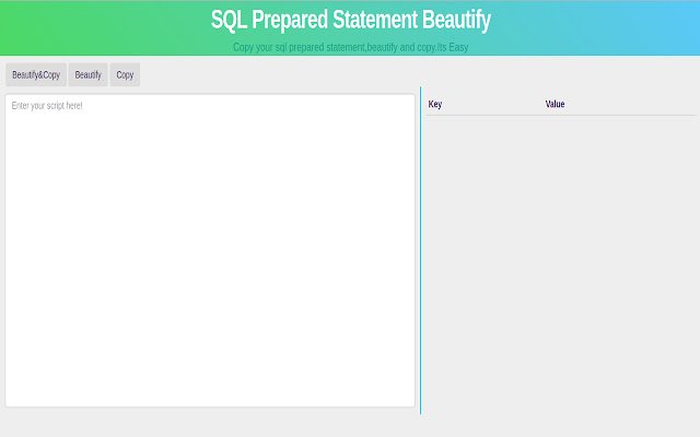 ക്രോം വെബ് സ്റ്റോറിൽ നിന്നുള്ള SQLPreparedStatement Beautyify OffiDocs Chromium ഓൺലൈനിൽ പ്രവർത്തിക്കും