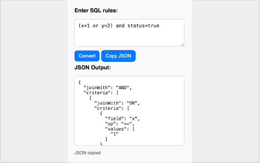 SQL Rule to JSON Converter  from Chrome web store to be run with OffiDocs Chromium online