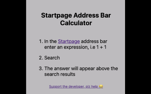 Startpage Address Bar Calculator from Chrome web store to be run with OffiDocs Chromium online Startpage Address Bar Calculator from Chrome web store to be run with OffiDocs Chromium online