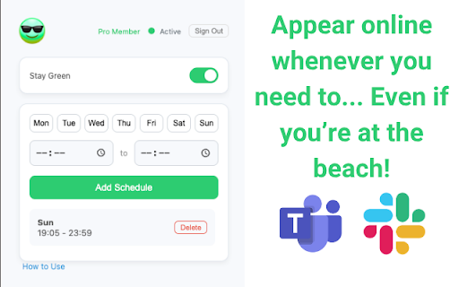 Stay Green Appear online on Slack and Teams  from Chrome web store to be run with OffiDocs Chromium online