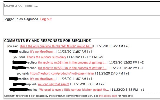 Stereogum Commenteer  from Chrome web store to be run with OffiDocs Chromium online