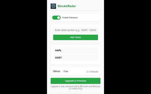 StocksRadar  from Chrome web store to be run with OffiDocs Chromium online