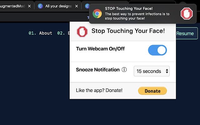 OffiDocs Chromium çevrimiçi ile çalıştırılacak Chrome web mağazasından Yüzünüze Dokunmayı DURDURUN