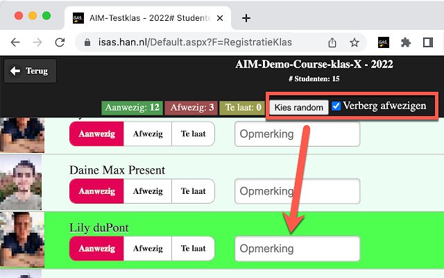 El selector de estudiantes HAN AIM iSAS en Chrome desde la tienda web de Chrome se ejecutará con OffiDocs Chromium en línea