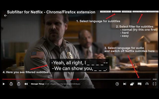 Chrome വെബ് സ്റ്റോറിൽ നിന്നുള്ള Netflix-നുള്ള സബ്ഫിൽട്ടർ OffiDocs Chromium ഓൺലൈനിൽ പ്രവർത്തിക്കും