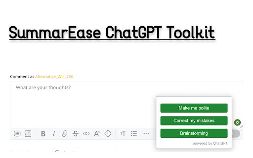 SummarEase ChatGPT Toolkit  from Chrome web store to be run with OffiDocs Chromium online