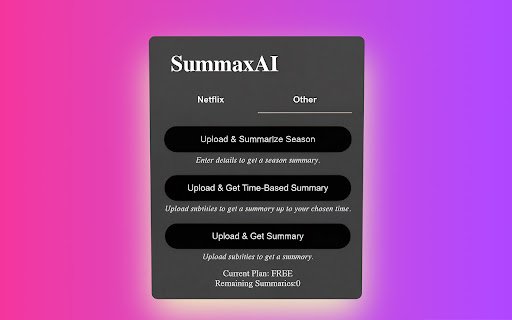 Summax AI: Summarize Netflix movies/shows up to current playback time  from Chrome web store to be run with OffiDocs Chromium online