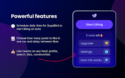 SupaBird Grow Your Twitter With Auto Likes and Viral Posts  from Chrome web store to be run with OffiDocs Chromium online